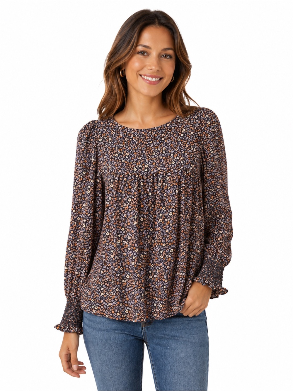 Smocked Cuff Floral Peasant Blouse - Navy/Multi - 0831
